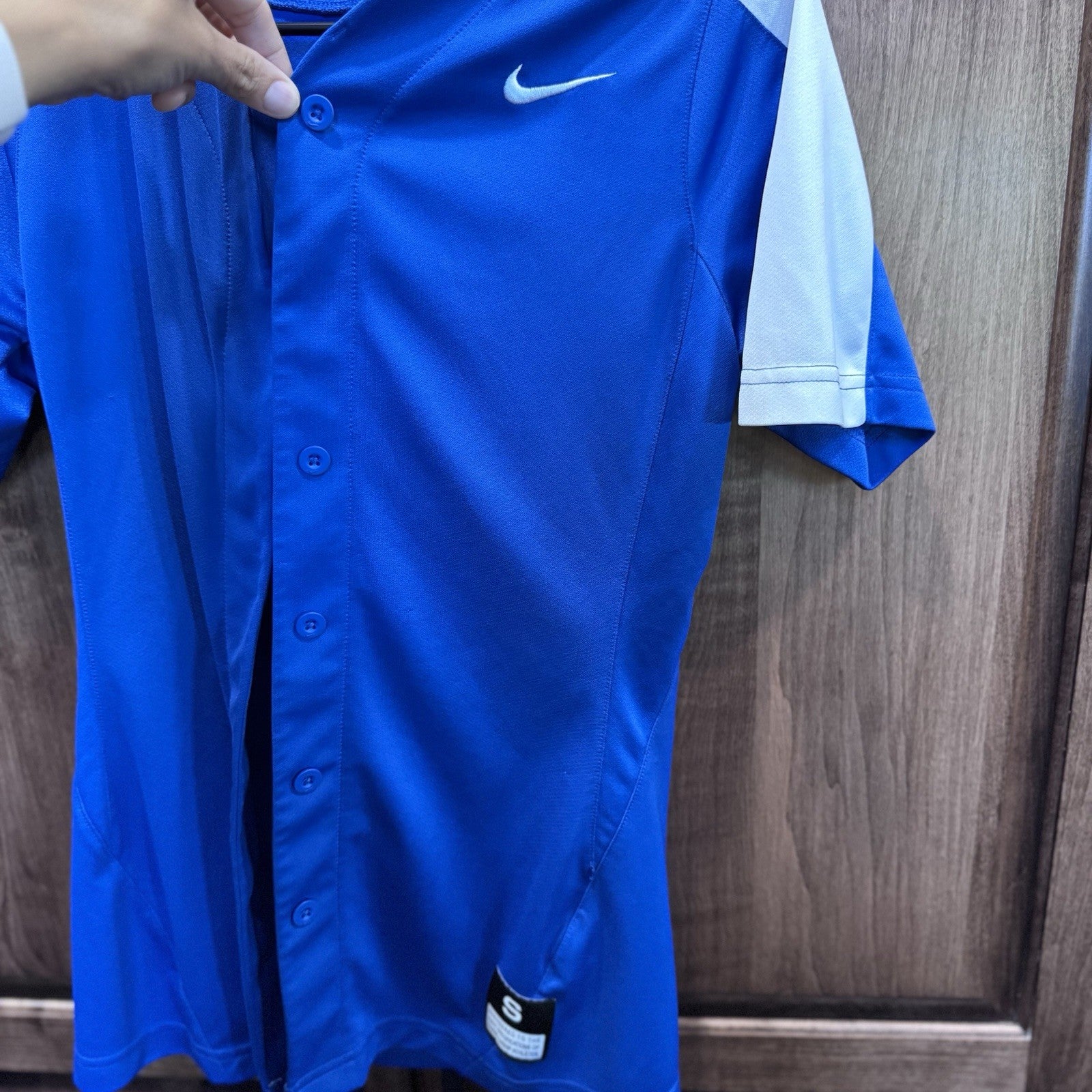 Nike Baseball Jersey Size Small Blue White Button Front Dri-Fit Athletic