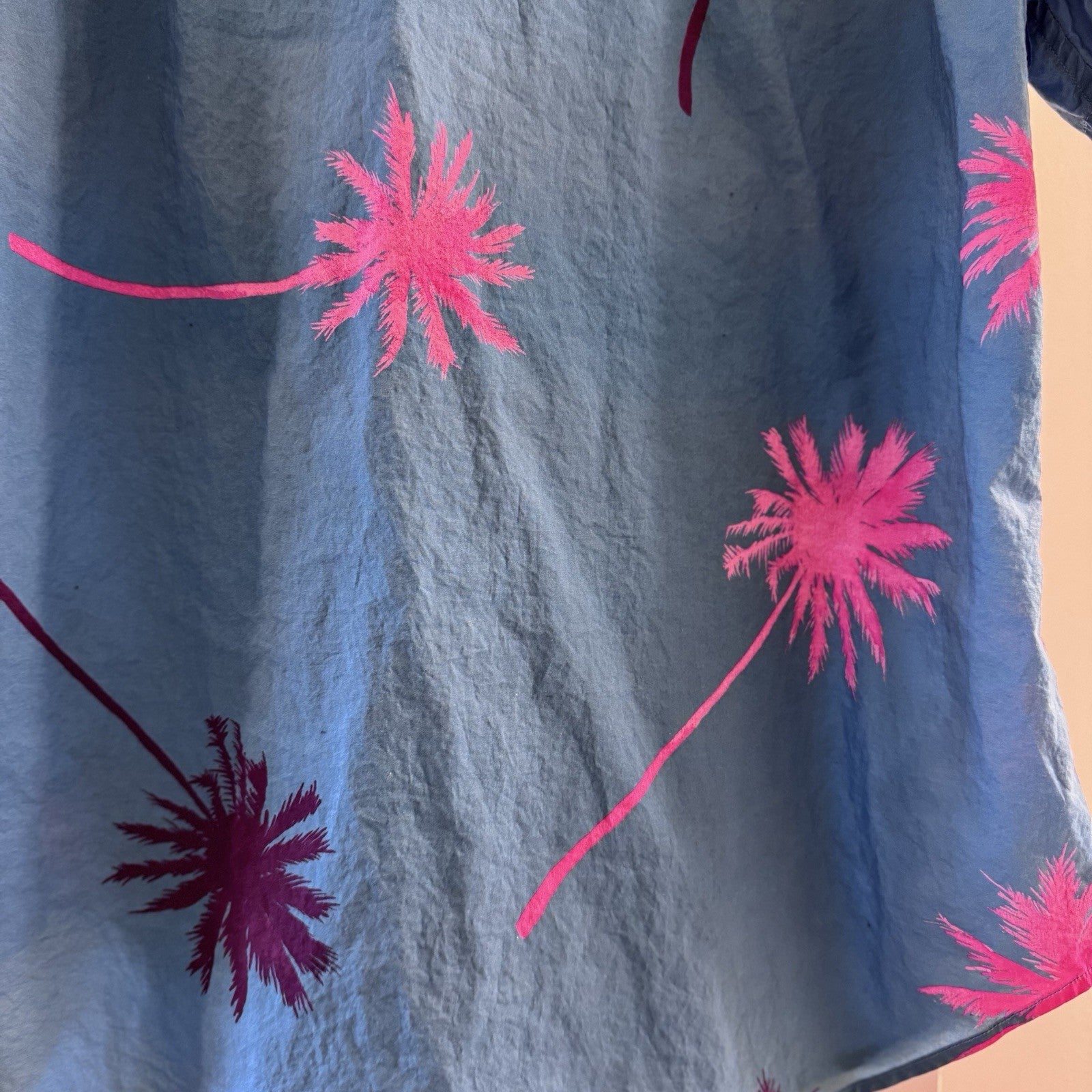 Bonobos Slim Fit Short Sleeve Shirt M Blue Pink Palm Tree Print 100% Cotton