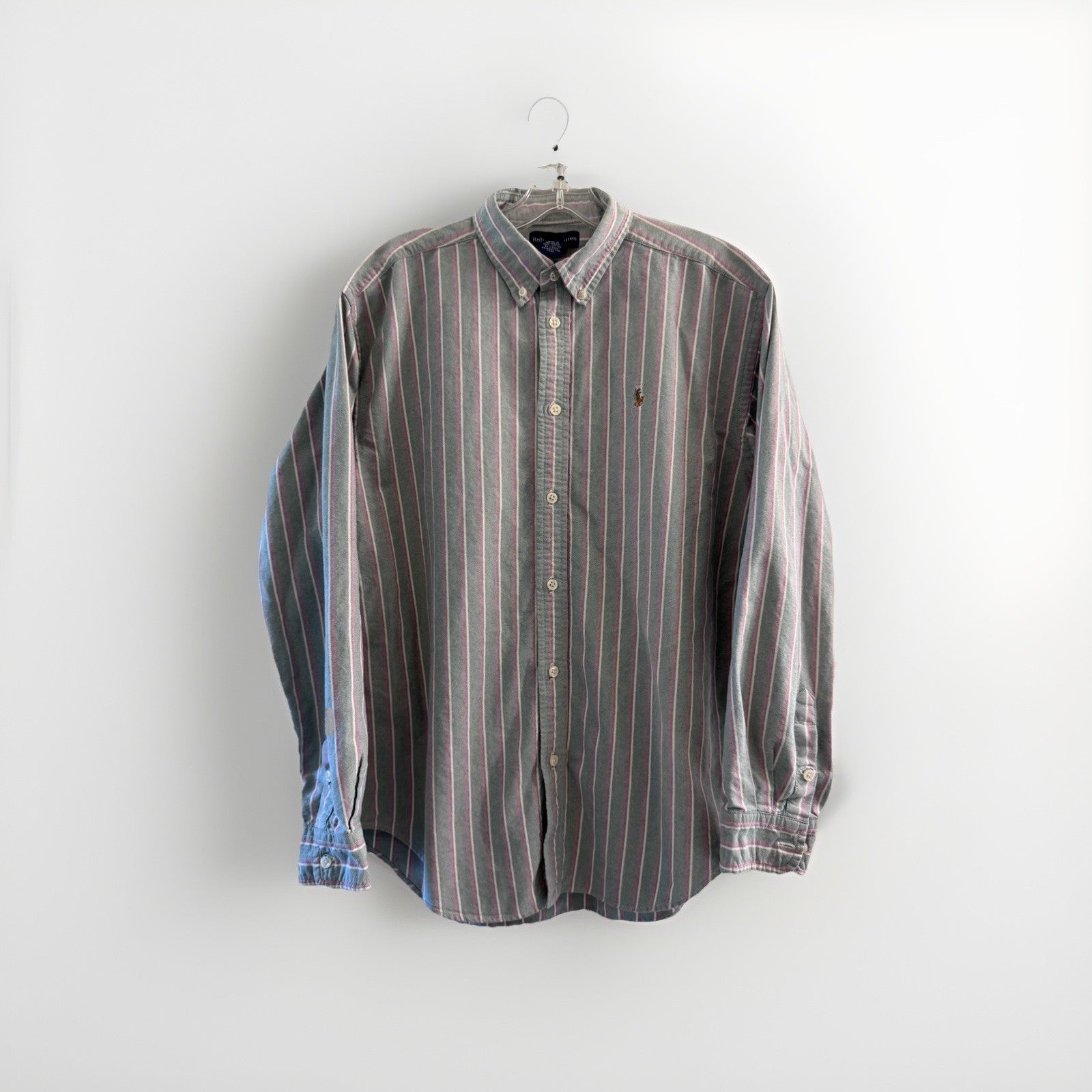 VTG Ralph Lauren Boys XL Button Down Shirt Green Pink Stripe Oxford Long Sleeve