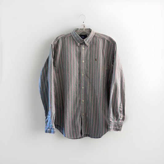 VTG Ralph Lauren Boys XL Button Down Shirt Green Pink Stripe Oxford Long Sleeve