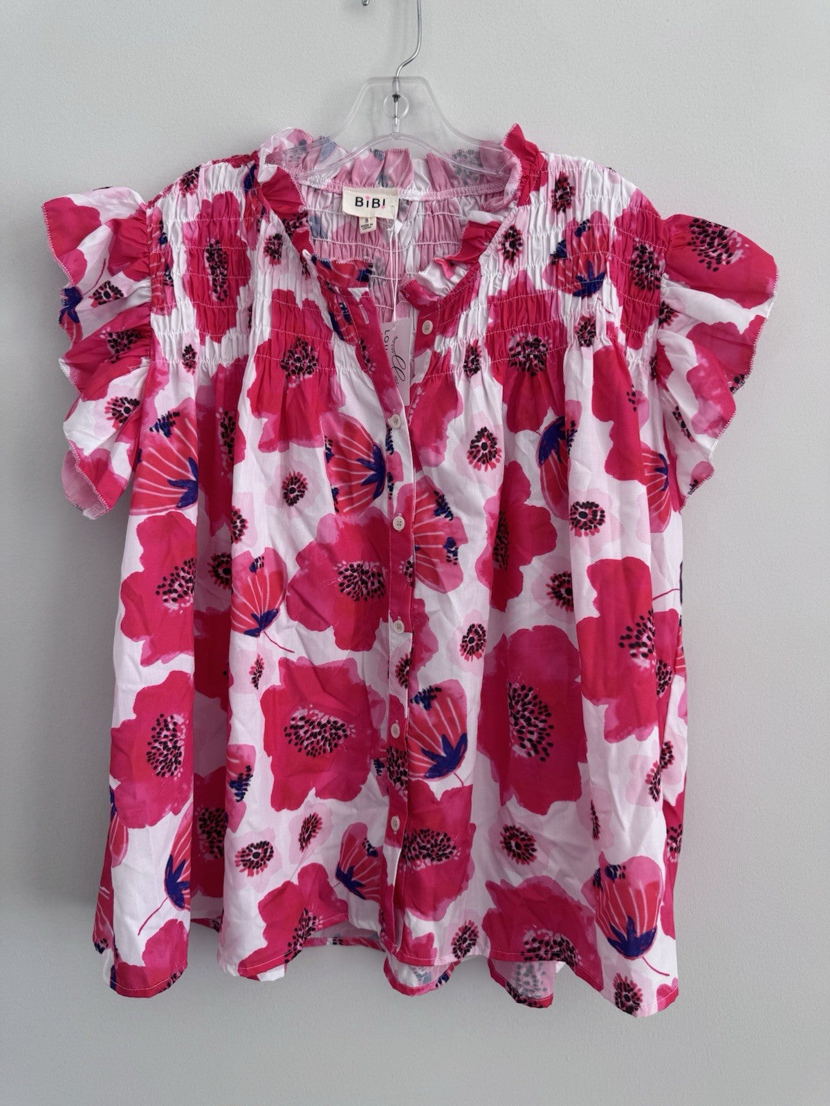 BiBi Pink Floral Blouse Small Smocked Ruffle Sleeve Button Front Top
