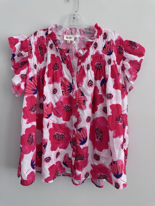 BiBi Pink Floral Blouse Small Smocked Ruffle Sleeve Button Front Top
