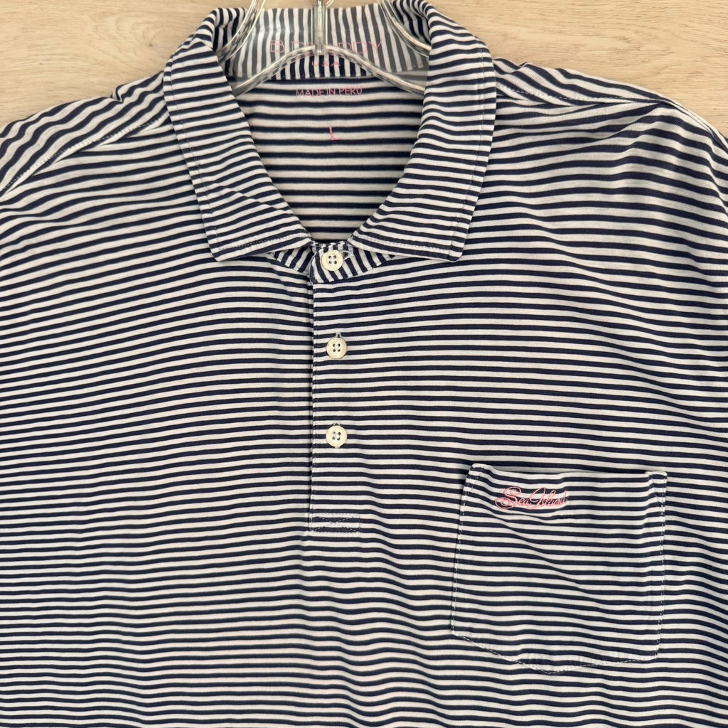B. Draddy Men's Large Pima Cotton Striped Polo Shirt Navy White Pink Script