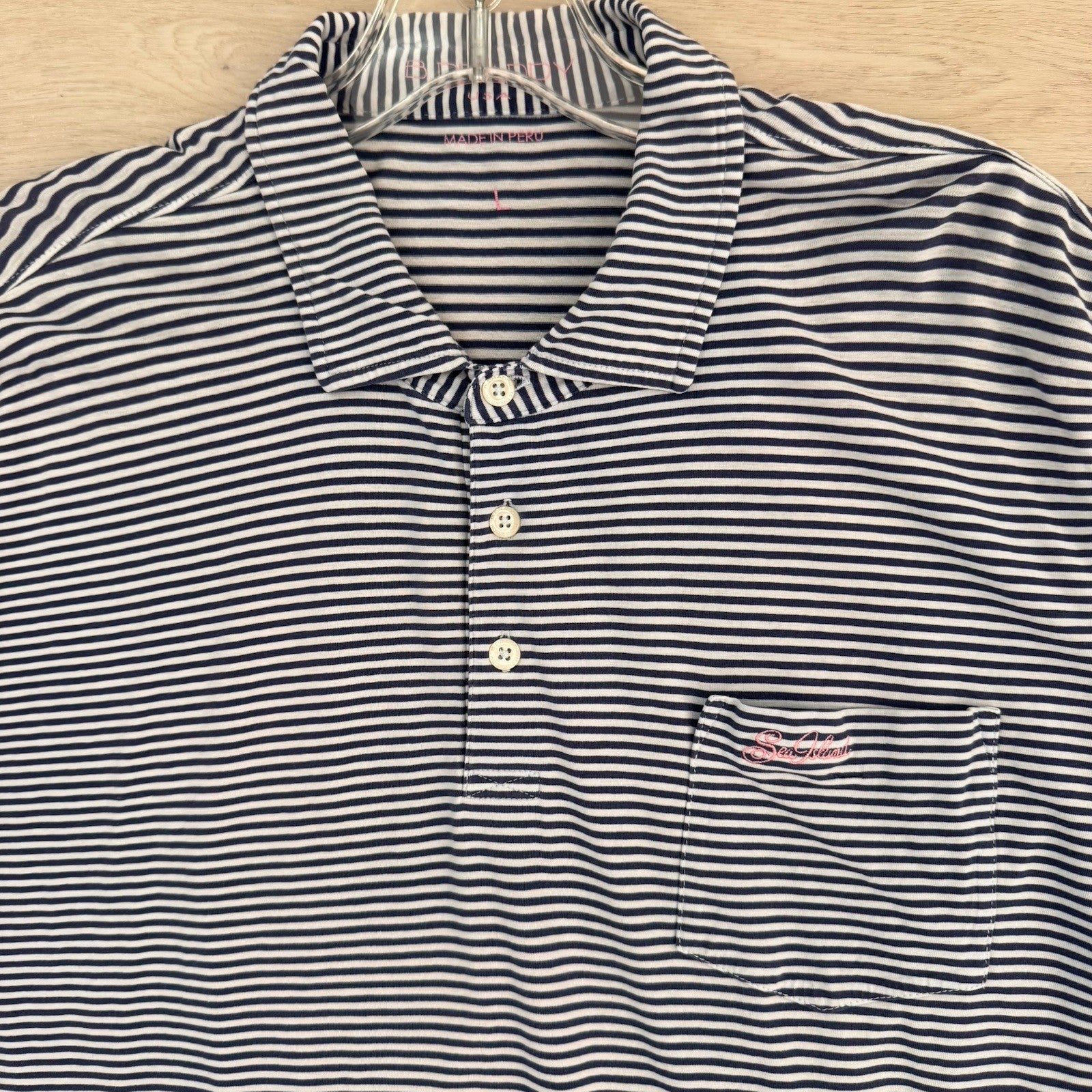 B. Draddy Men's Large Pima Cotton Striped Polo Shirt Navy White Pink Script