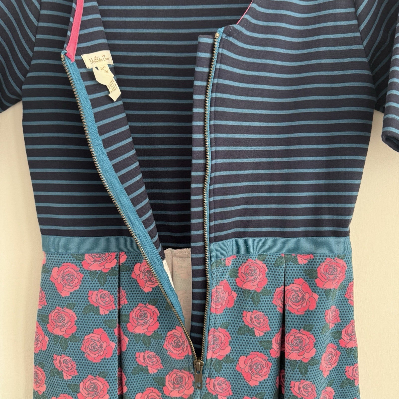 Matilda Jane Small Dress Blue Pink Floral Striped Modest Fit & Flare Pockets
