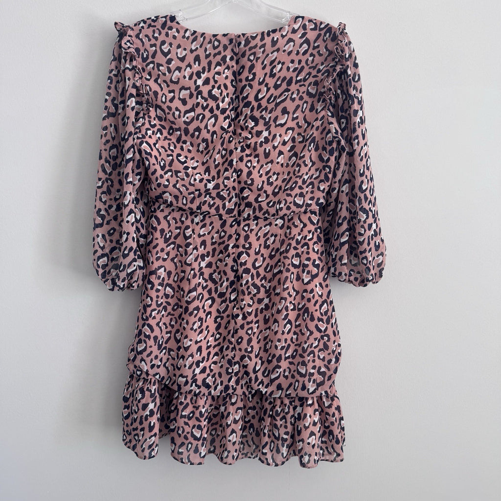 Sugar Lips Leopard Print Dress Small Ruched Ruffle Long Sleeve