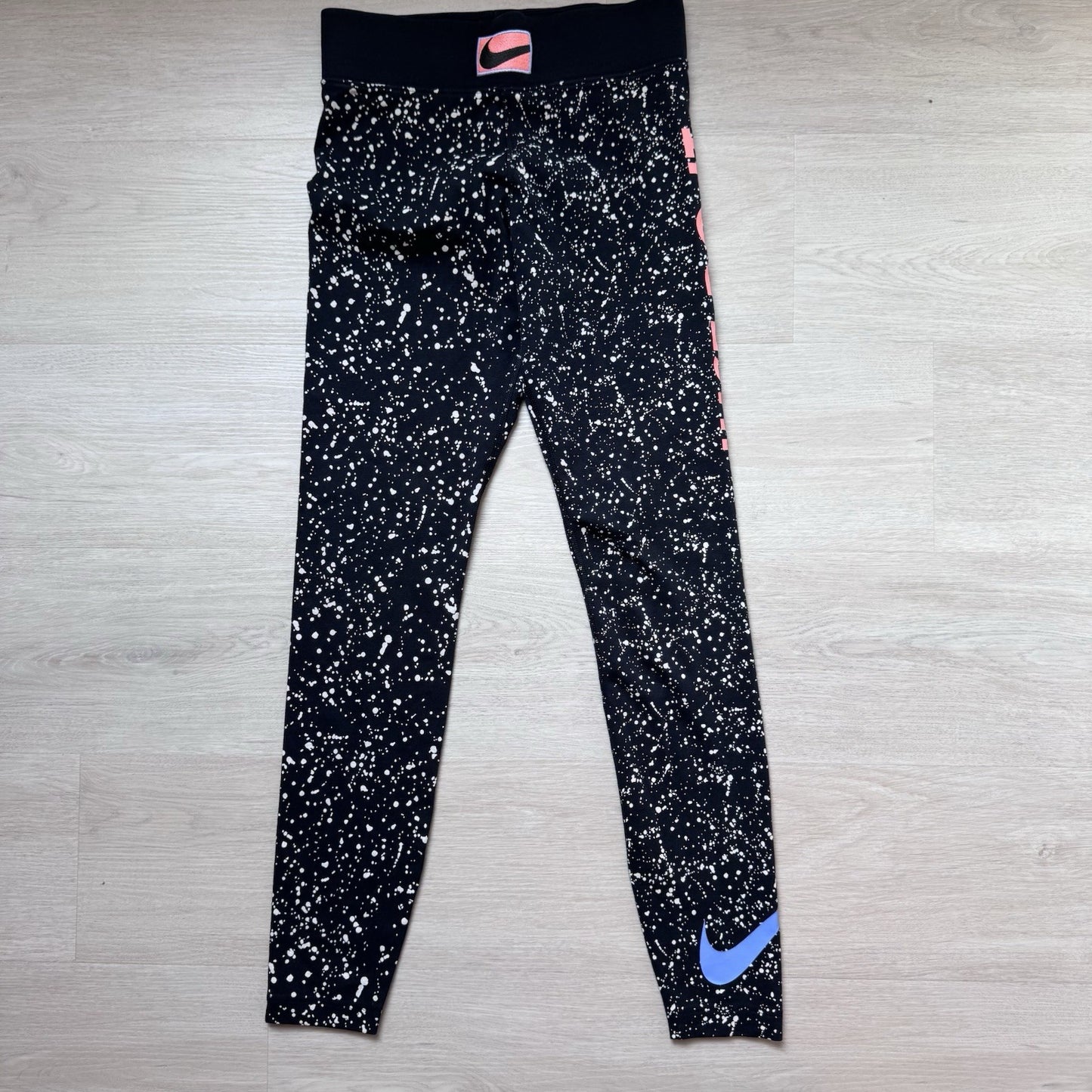 Nike Women’s Leggings Small Black Paint Splatter Blue Swoosh Stretch Athletic