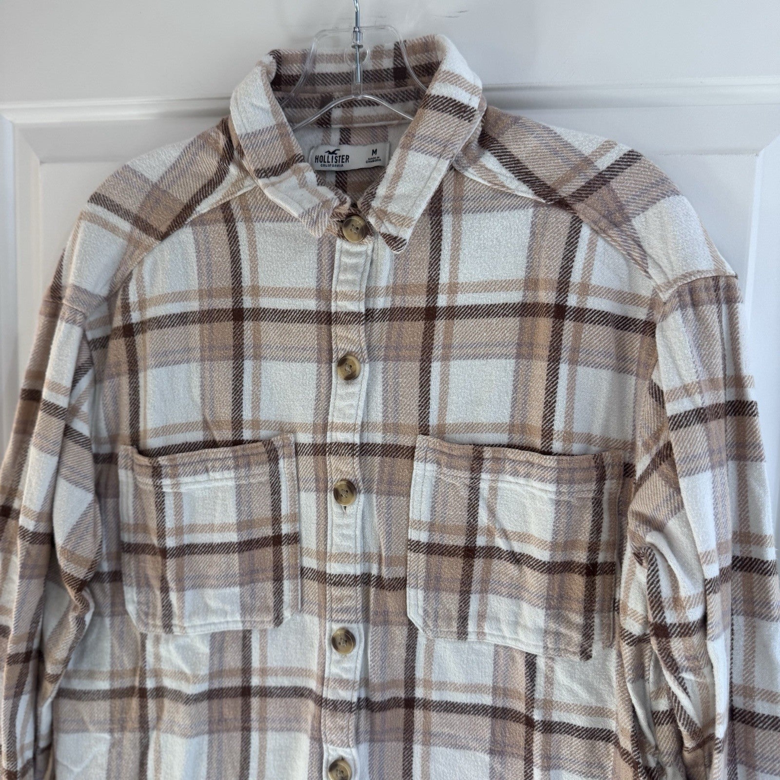 Hollister Plaid Flannel Button Up Shirt Womens Medium Brown Cream