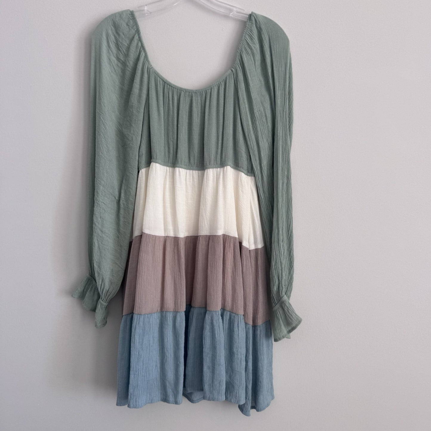 Blu Pepper Colorblock Tiered Mini Dress Large Long Sleeve Boho