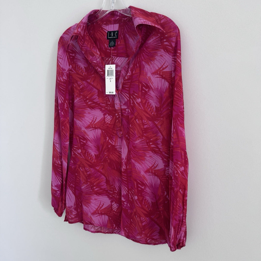 INC Jungle Print Blouse Size 6 Pink Sheer Button Front NWT