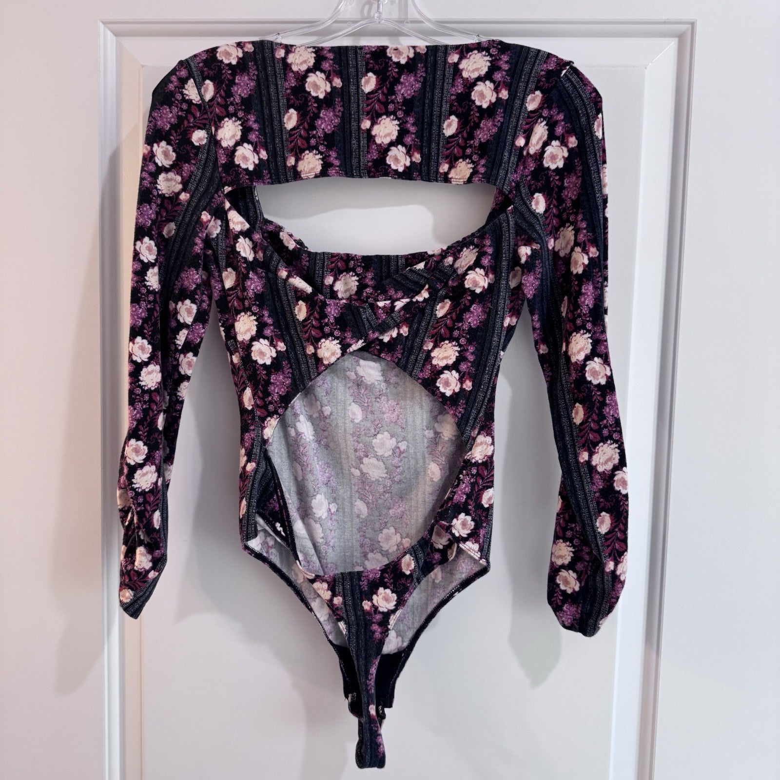 Free People Floral Long Sleeve Bodysuit Cutout Back Pink Purple Size S