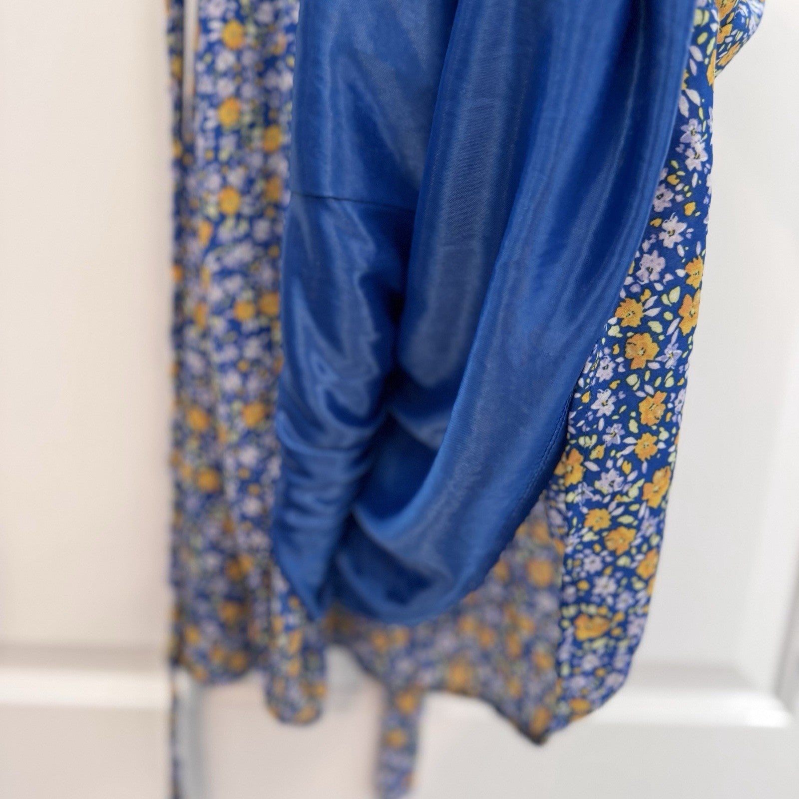 Sienna Sky XS Blue Yellow Floral Wrap Dress Short Sleeve Fit & Flare Lined