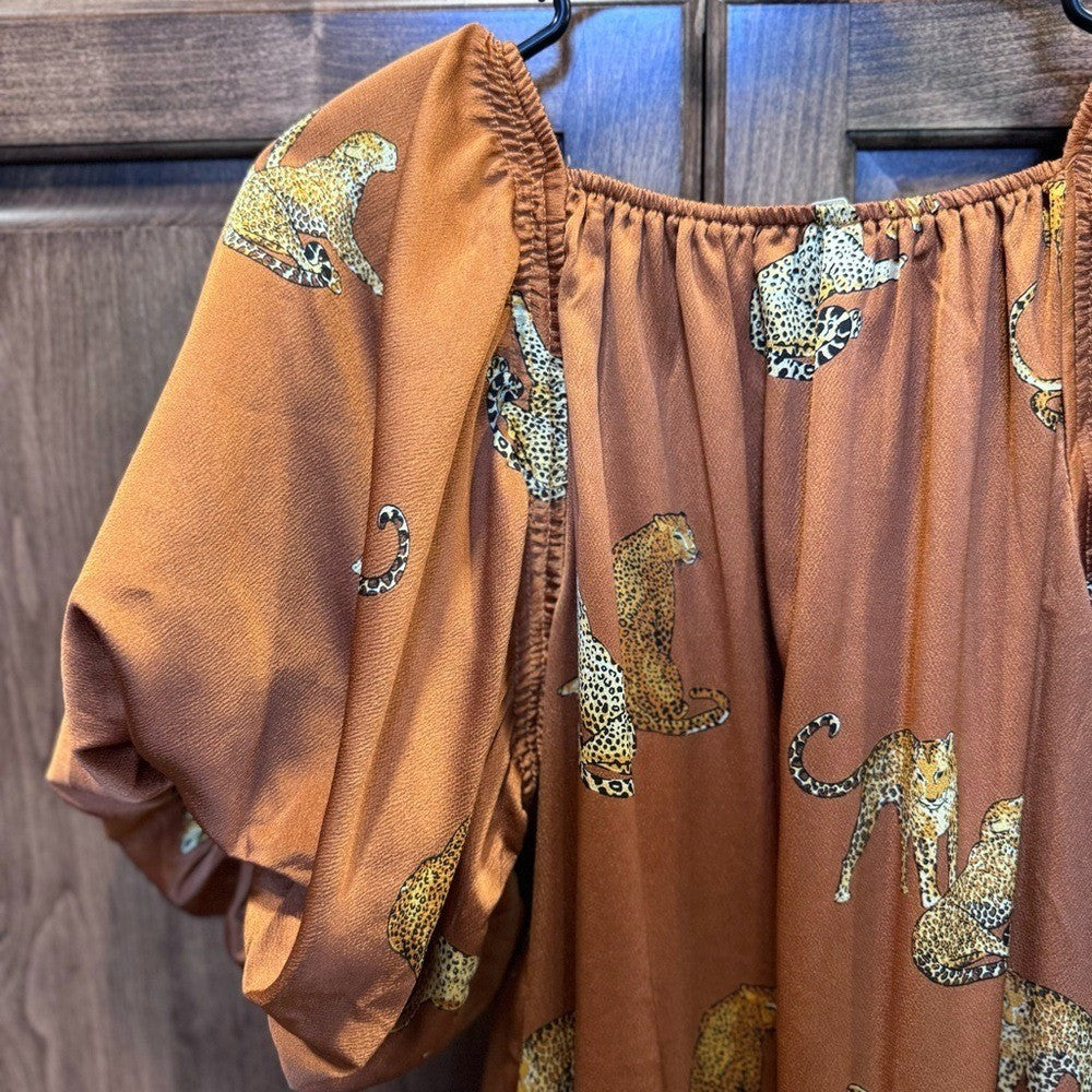 Entro Cheetah Print Puff Sleeve Tiered Mini Dress | Size Small