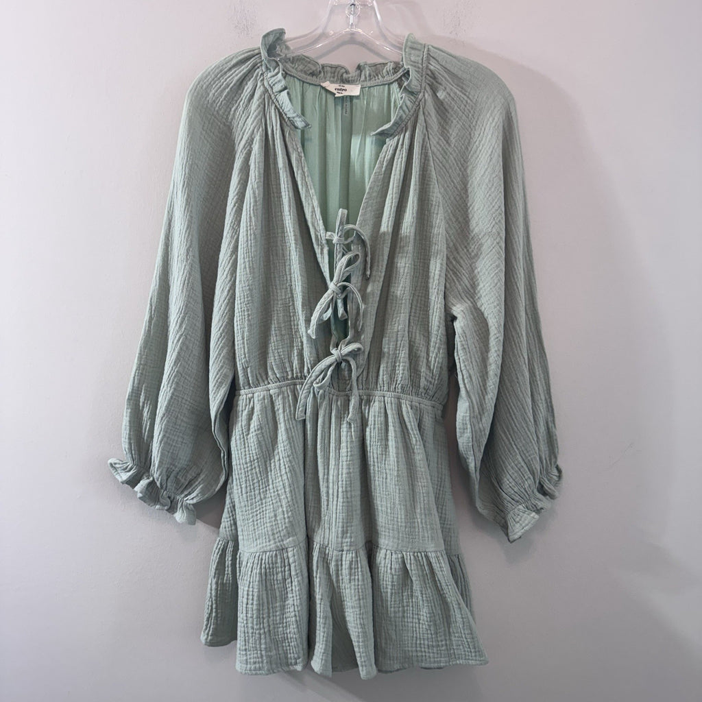Entro Mint Gauze Romper Dress M Boho Tie Front Tiered Cotton