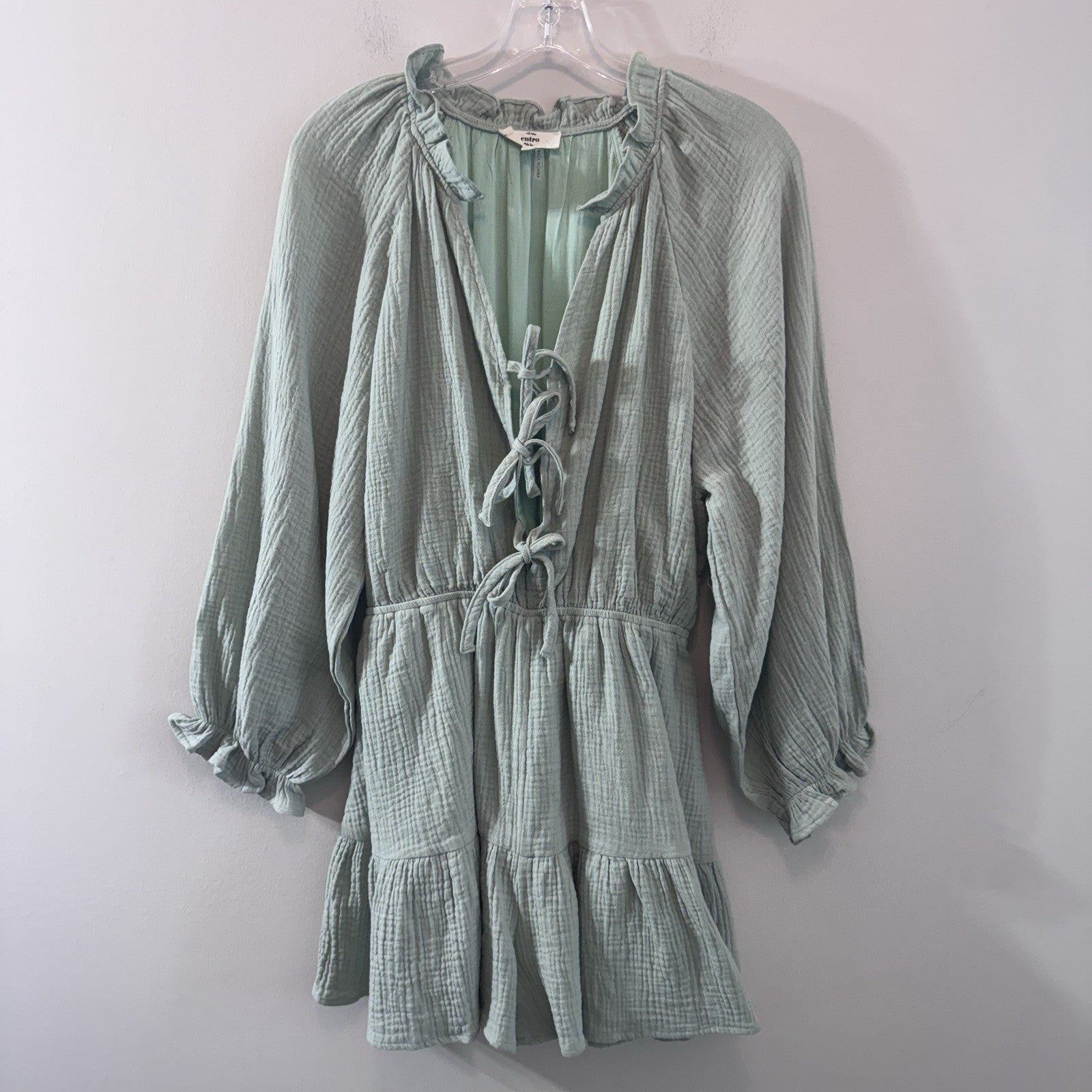 Entro Mint Gauze Romper Dress M Boho Tie Front Tiered Cotton