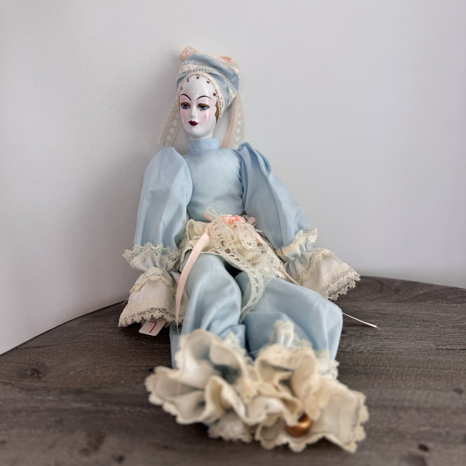 Vintage Porcelain Pierrot Doll Seated Blue Satin Lace French Harlequin 18" Shelf