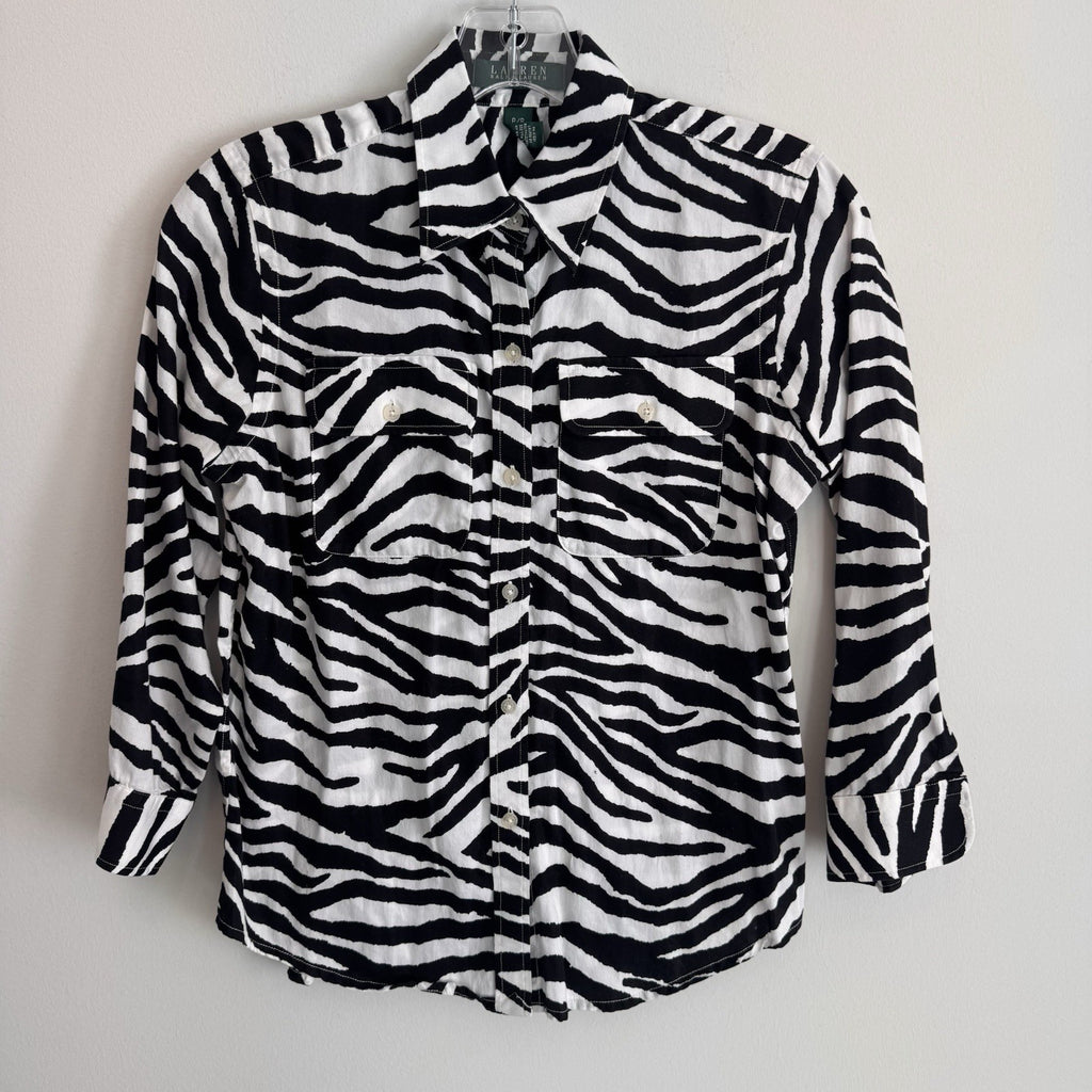 Lauren Ralph Lauren Petite P Zebra Print Button Down Shirt Cotton Safari Women’s