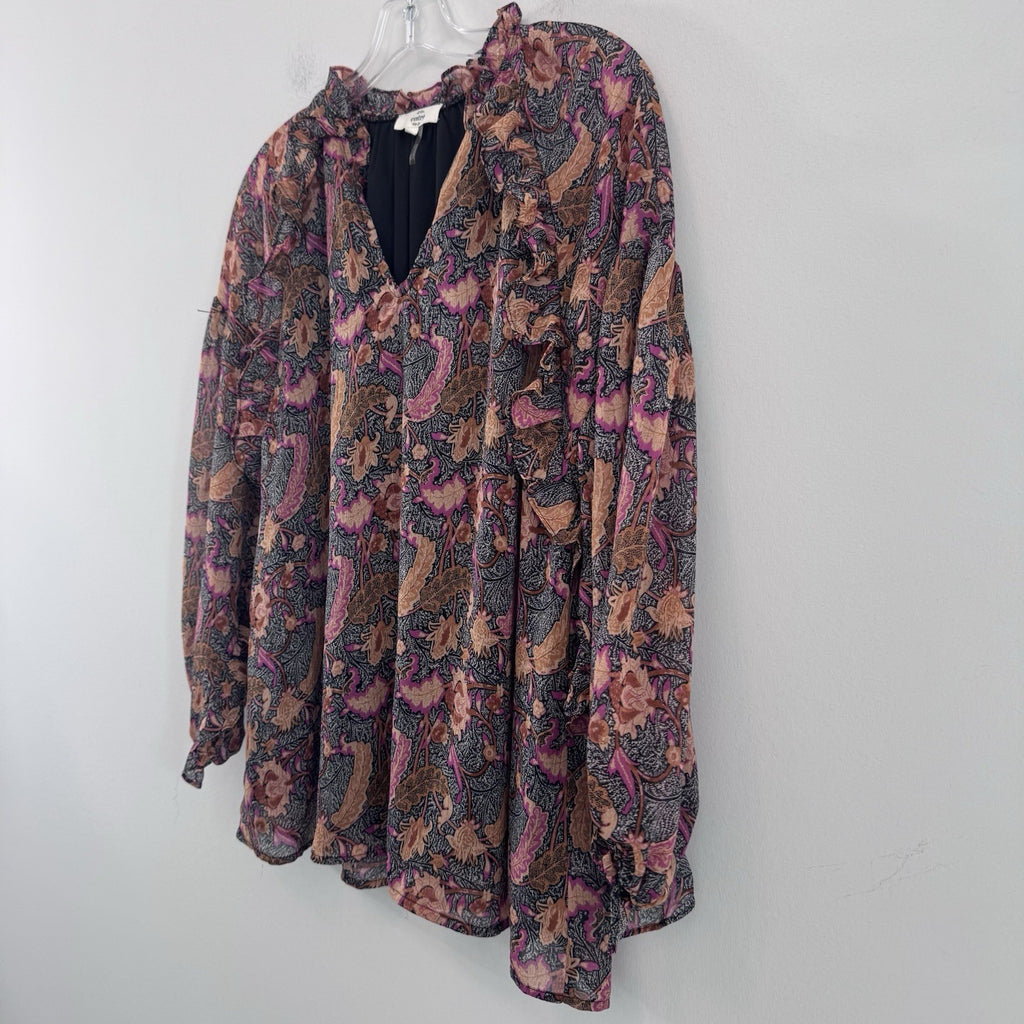 Entro Floral Boho Blouse Women’s Large Lined Peasant Top Pink Black