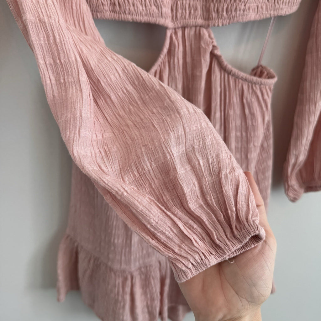 Altar'd State Pink Cutout Mini Dress Small Boho Smocked Long Sleeve Women’s