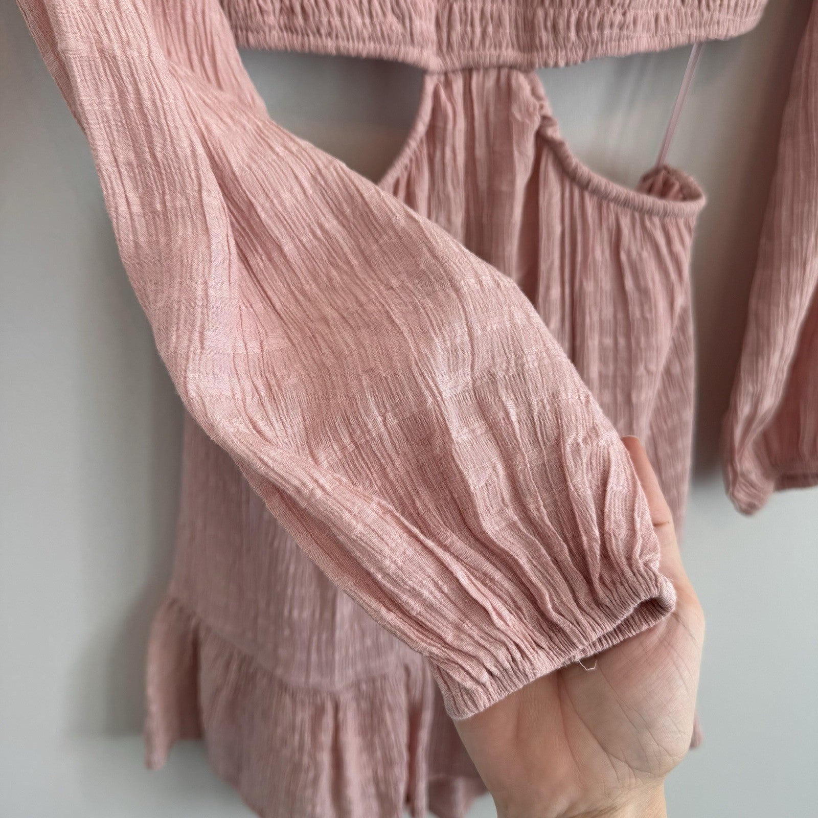 Altar'd State Pink Cutout Mini Dress Small Boho Smocked Long Sleeve Women’s