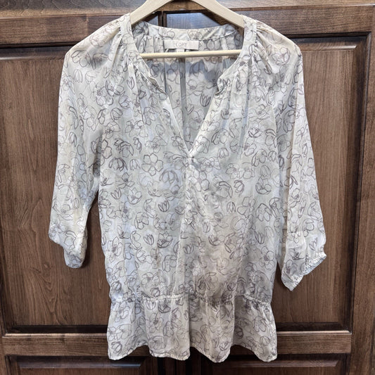 LOFT Women’s Blouse XS Ivory Gray Floral Peplum Hem 3/4 Sleeve Top Ann Taylor