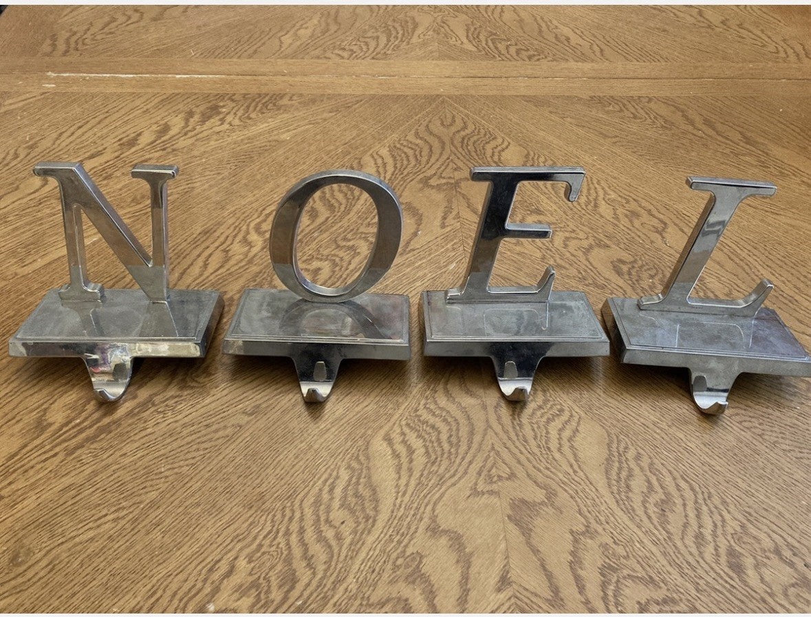 5" NOEL Christmas Holiday Mantel Stocking Holder Hanger Silver tone metal finish