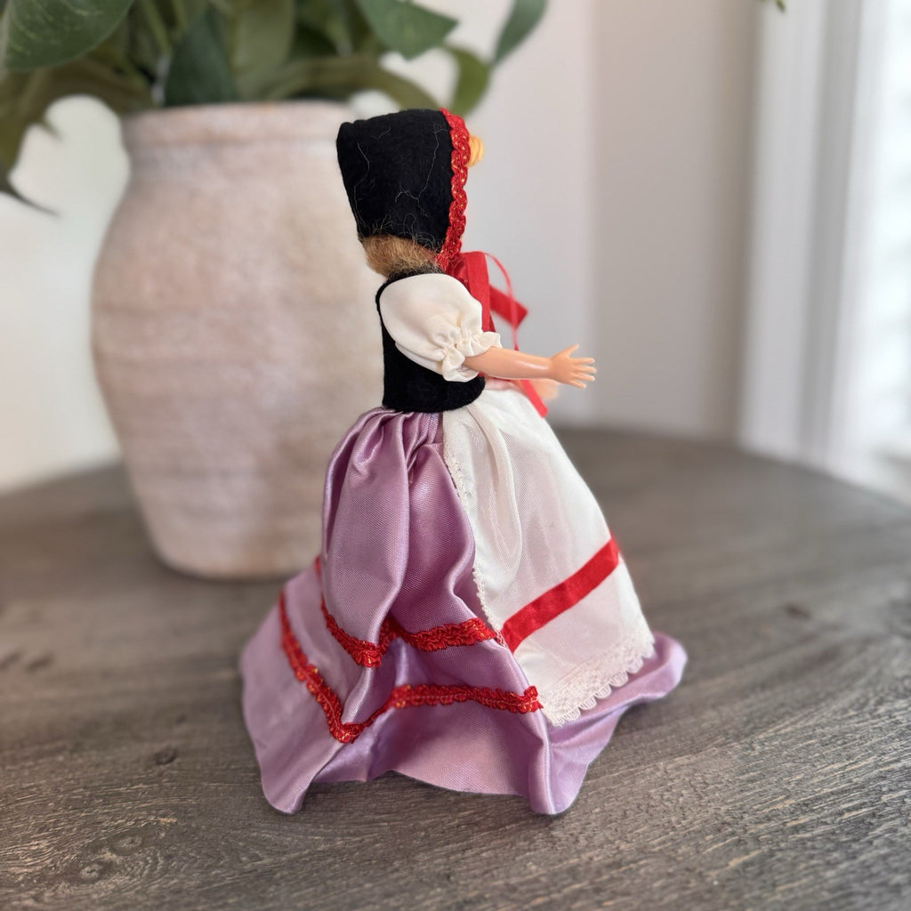 Vintage 1950s Hard Plastic Souvenir Doll Purple Satin Skirt Made in USA