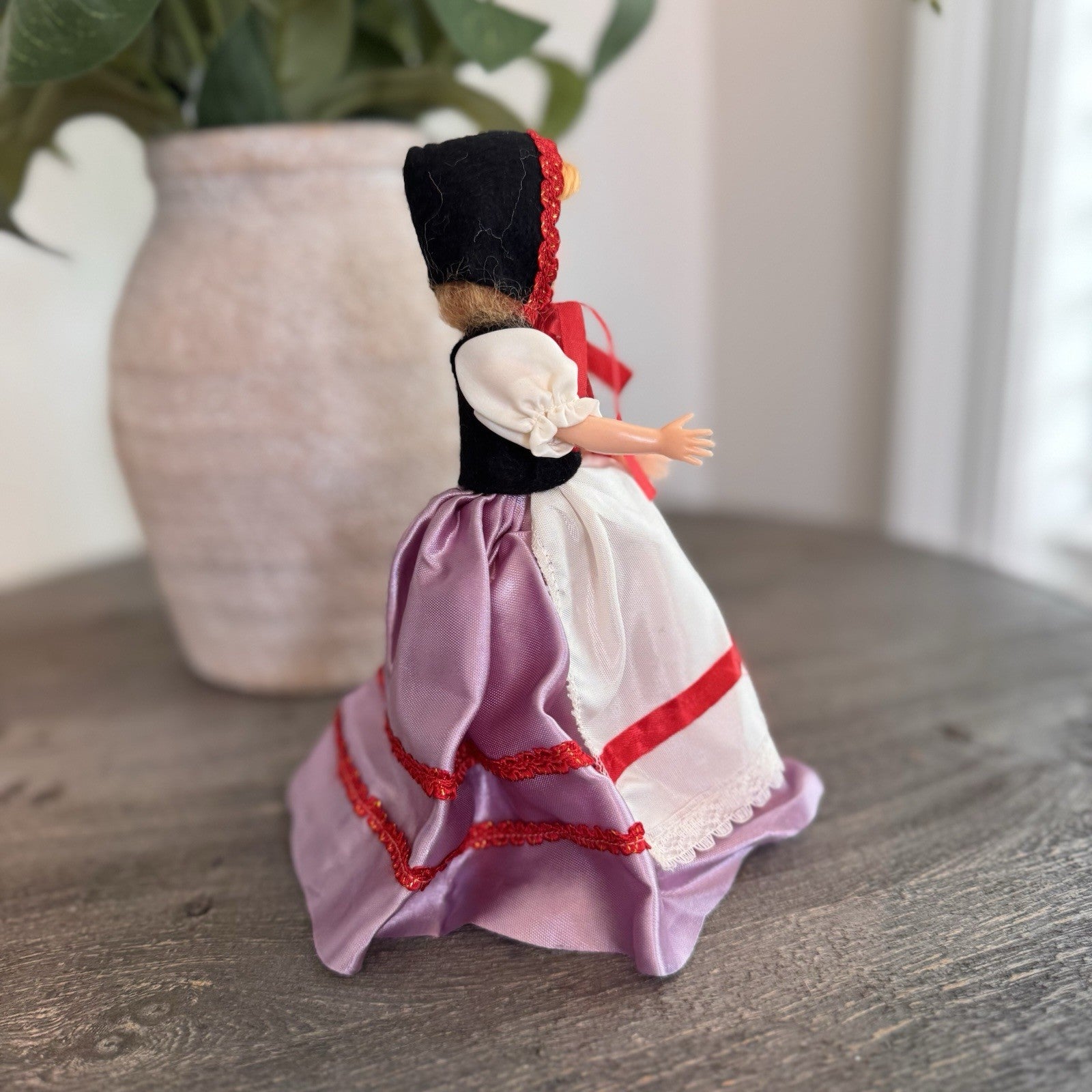 Vintage 1950s Hard Plastic Souvenir Doll Purple Satin Skirt Made in USA