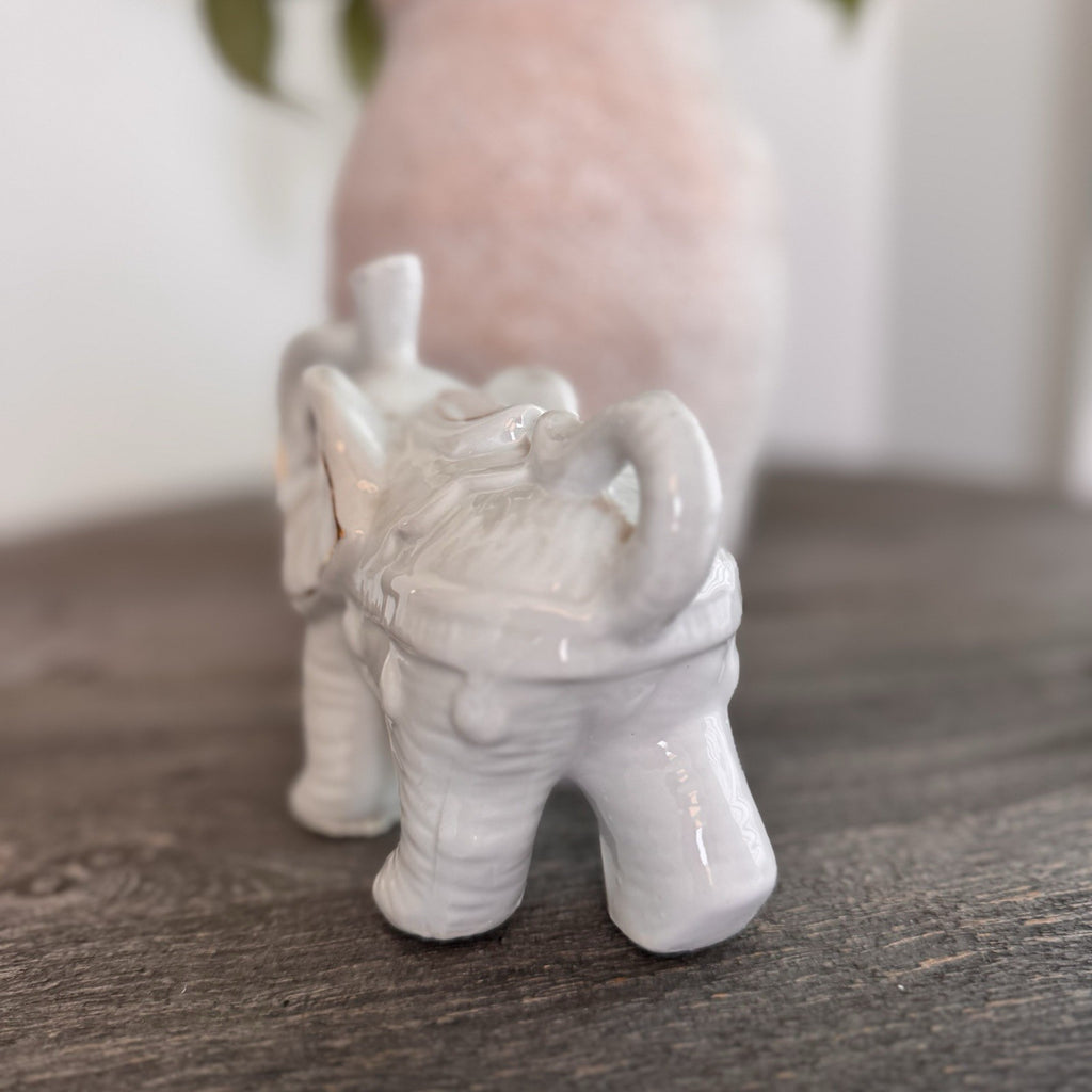 Vintage Porcelain Elephant Figurine Lot 2 White Gold Trim Trunk Up Good Luck