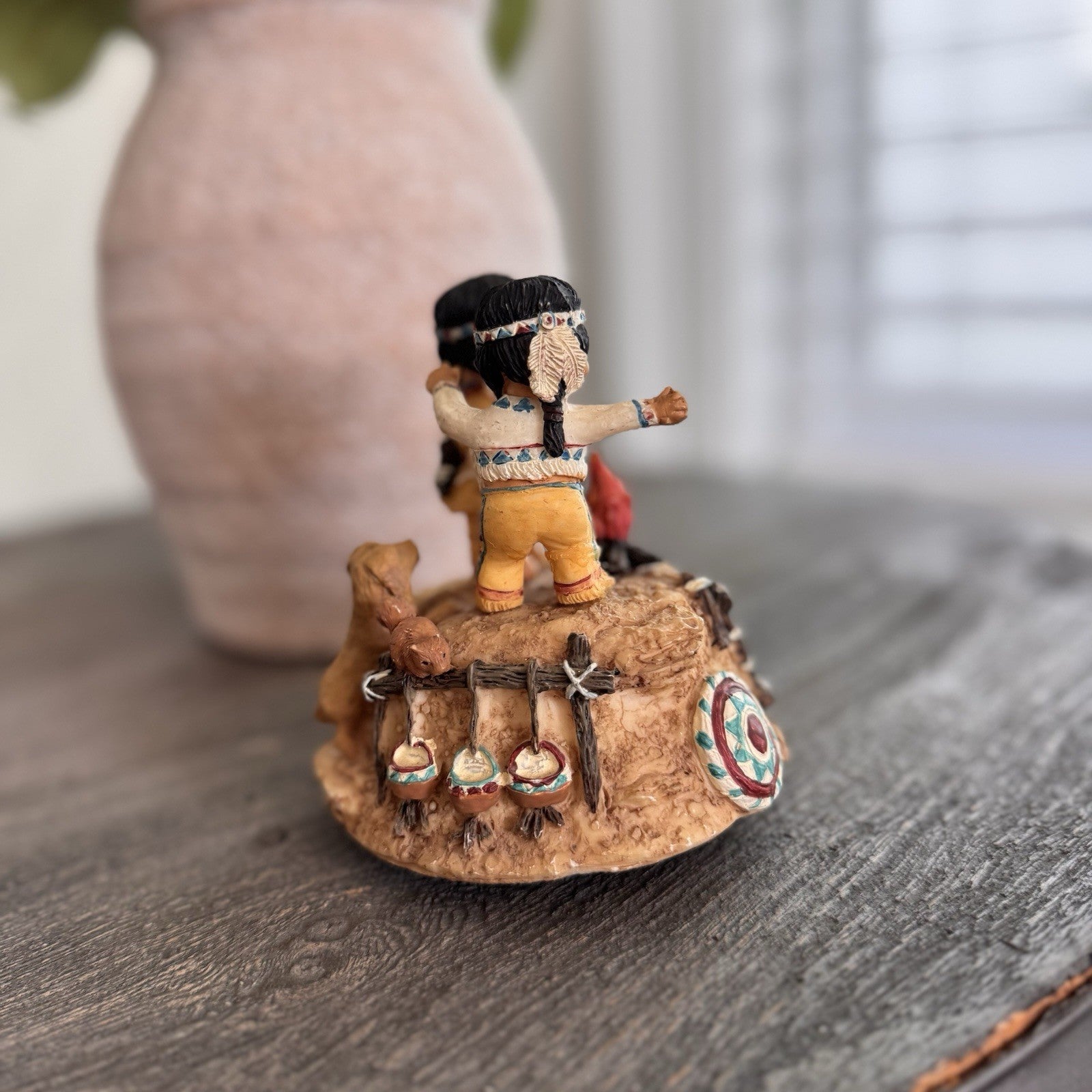 Vintage Native American Children Music Box Campfire Figurine Resin Decor Indian
