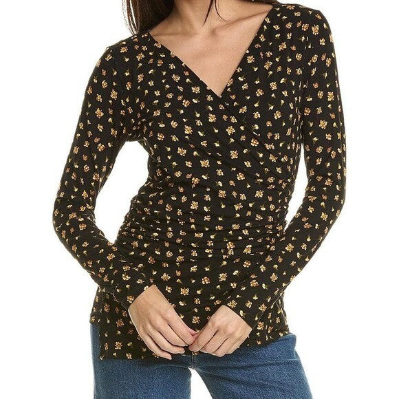 NWT Elie Tahari Black Floral Ruched Long Sleeve Top Women's Size M