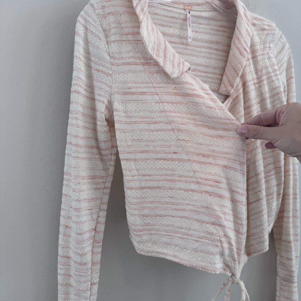 Free People XS Pink Ivory Open Front Tie Cardigan Knit Boho Sweater