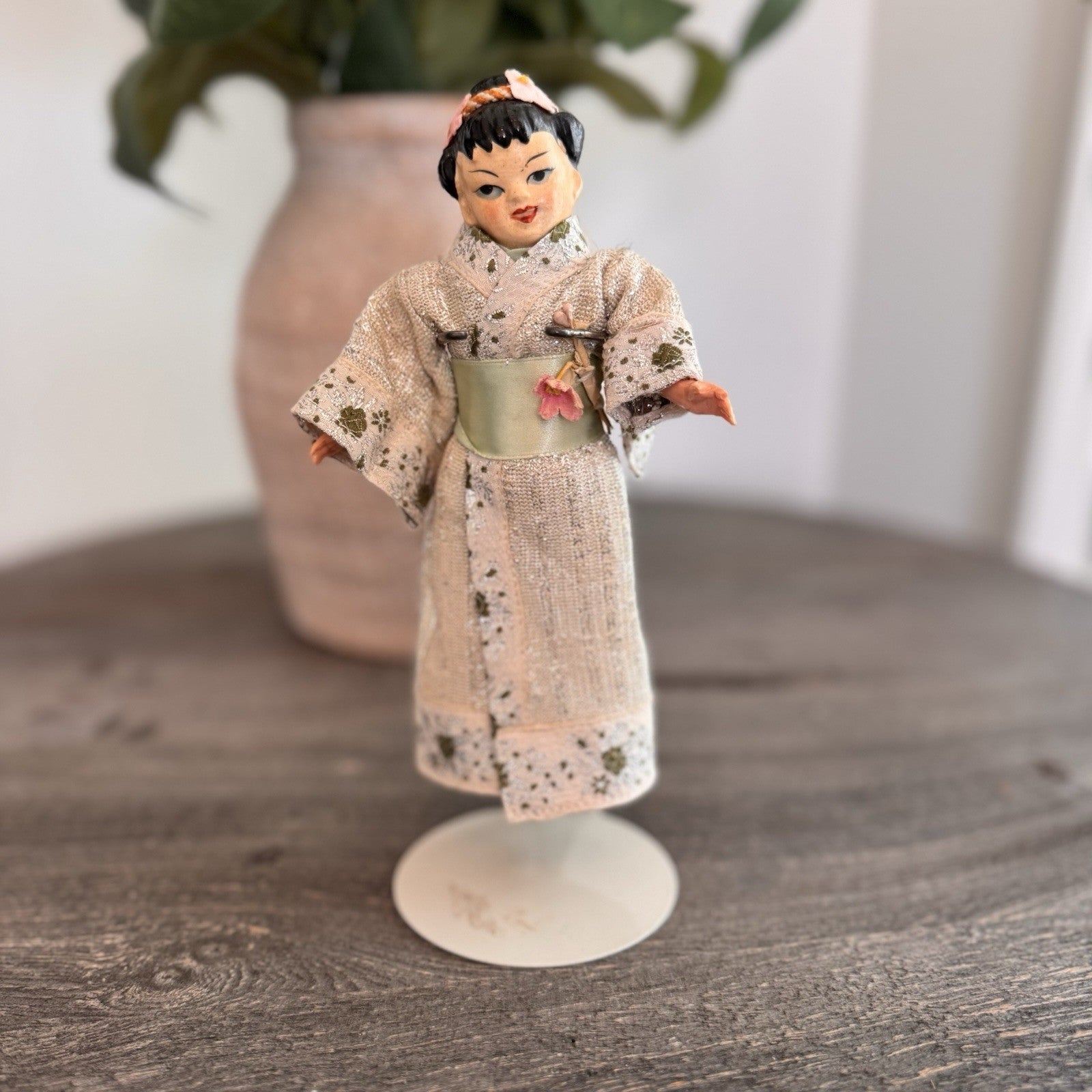 Mid Century Japanese Kimono Doll Hand Painted Face Traditional Dress Souvenir
