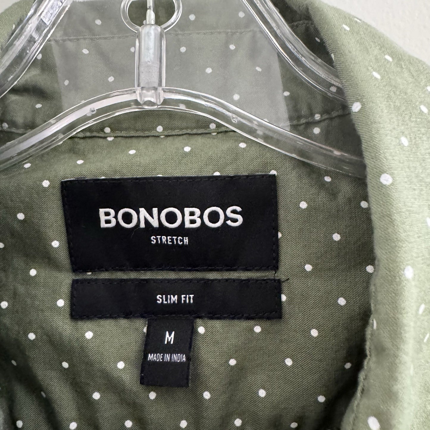 Bonobos Slim Fit Stretch Shirt Medium Green White Dot Print Short Sleeve
