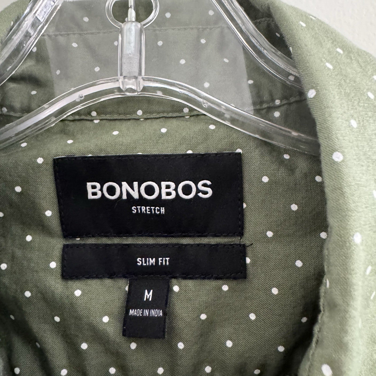 Bonobos Slim Fit Stretch Shirt Medium Green White Dot Print Short Sleeve