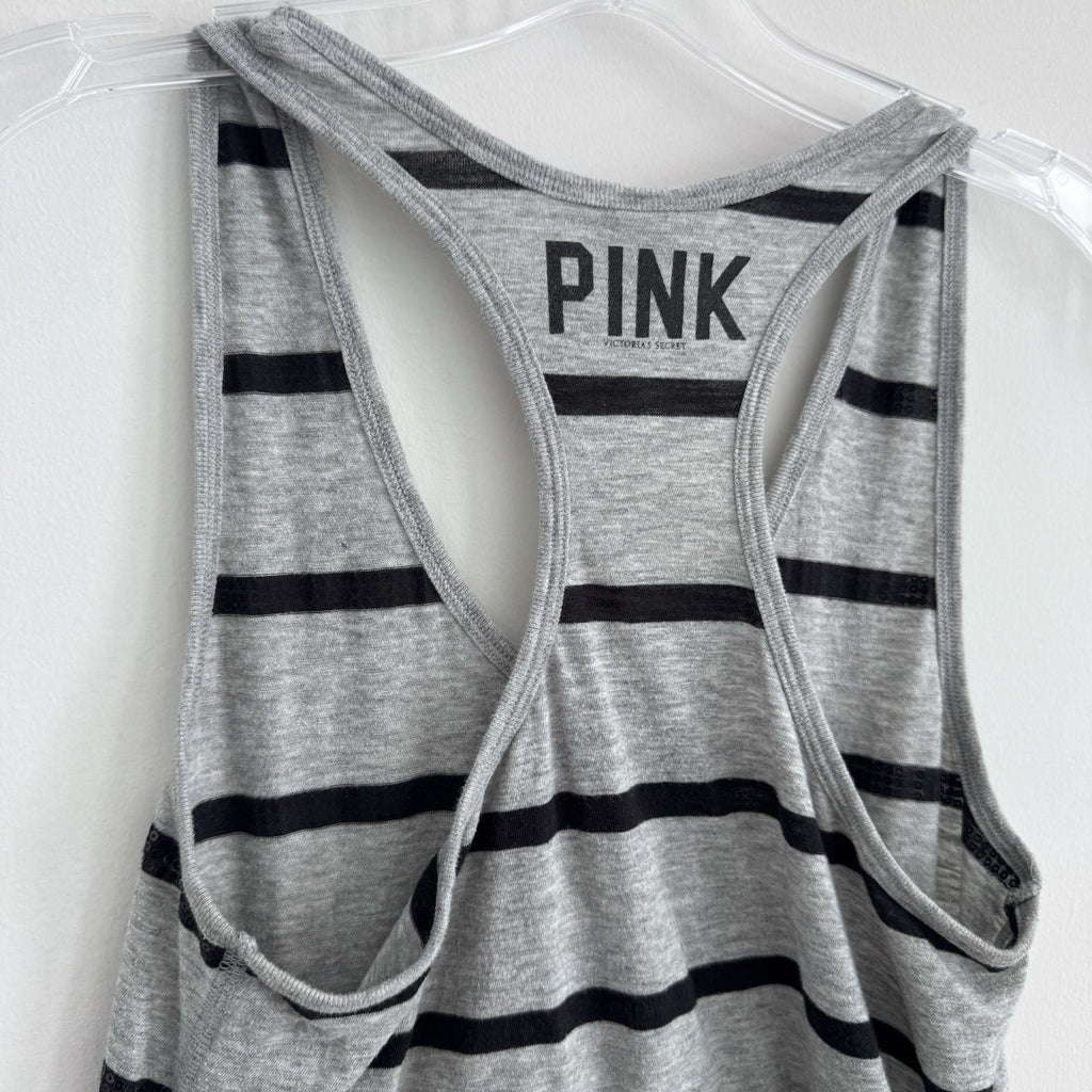 VICTORIA SECRET PINK TANK TOP Size XS Grey With Black Sequin Stripes Racer Back