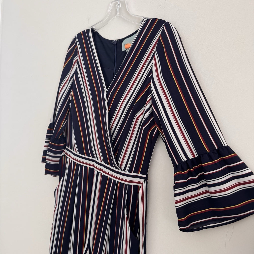 Skies Are Blue Striped Wide Leg Jumpsuit Women's Size S Bell Sleeve Nautical