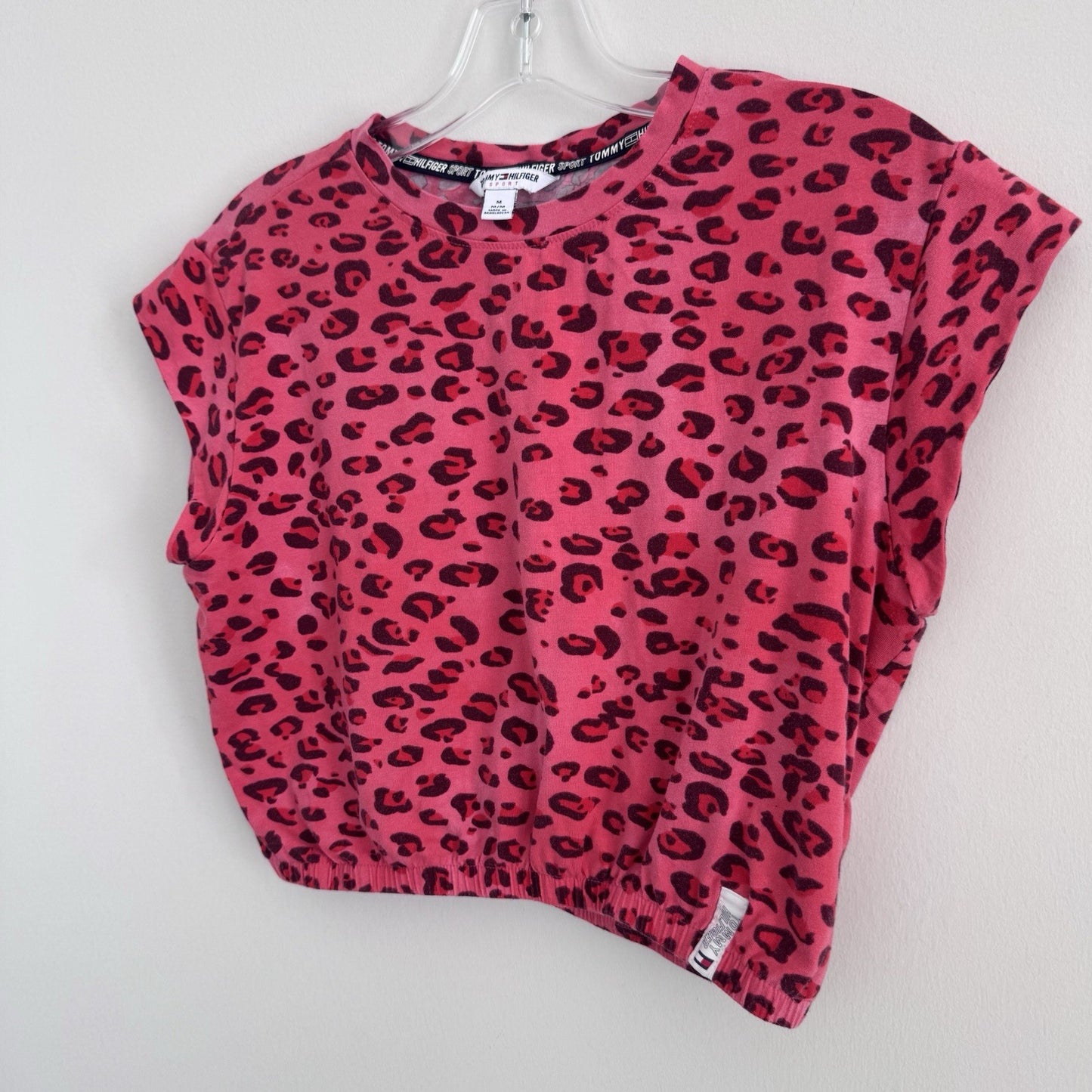 Tommy Hilfiger Sport Pink Leopard Print Crop Top Womens M Logo Hem Y2K