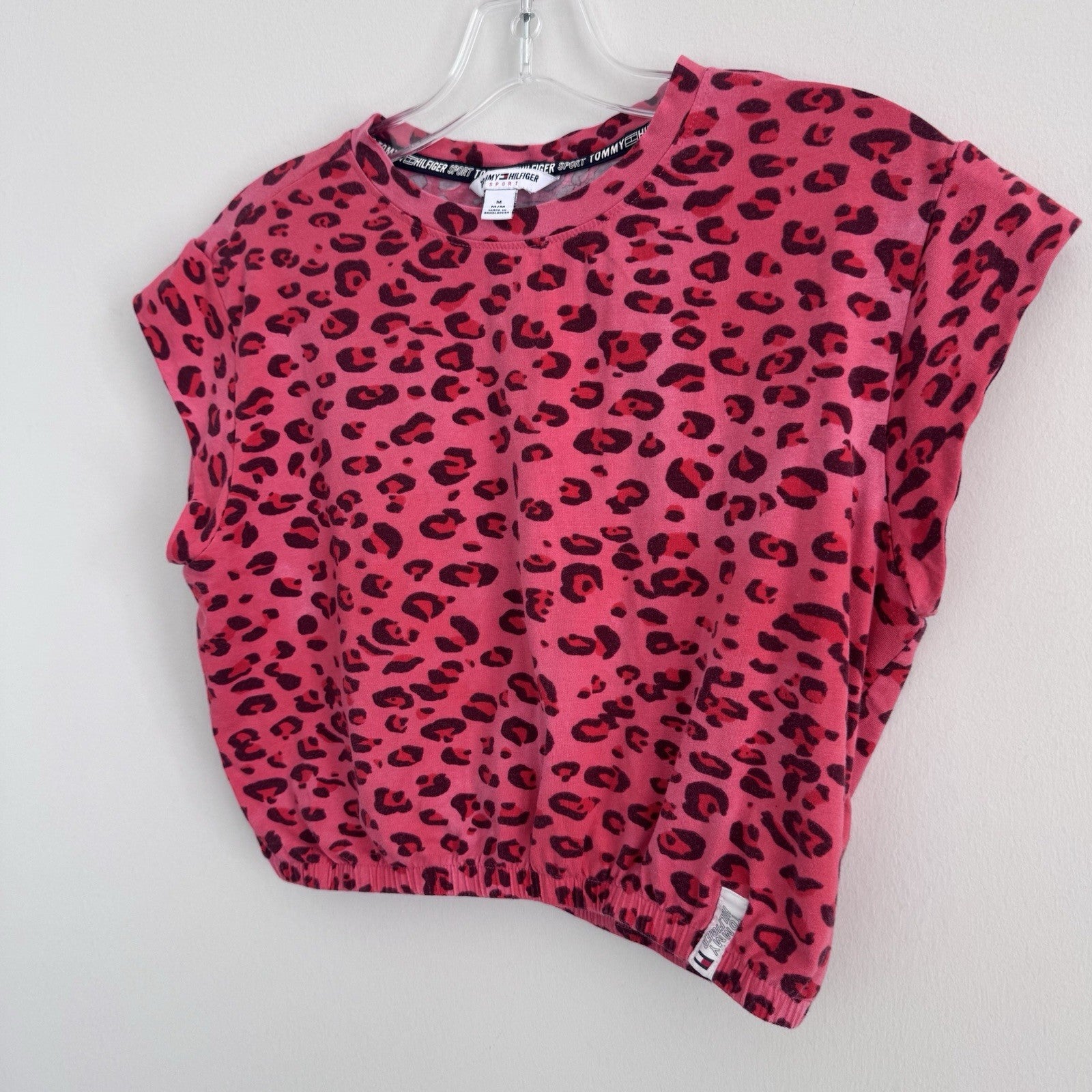 Tommy Hilfiger Sport Pink Leopard Print Crop Top Womens M Logo Hem Y2K