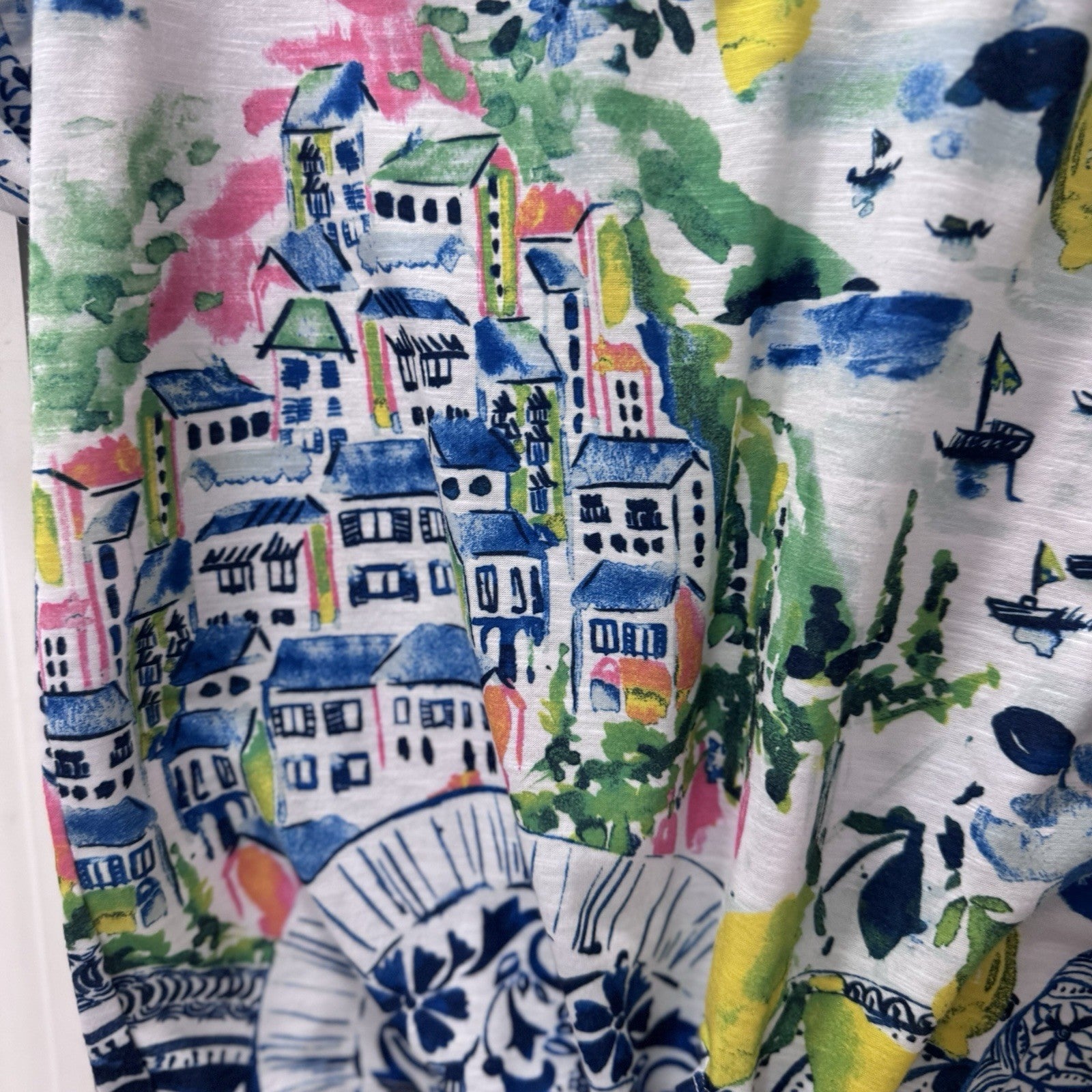 Onque Casual Lemon Village Print Tie Front Blouse Top Small S RN#129494