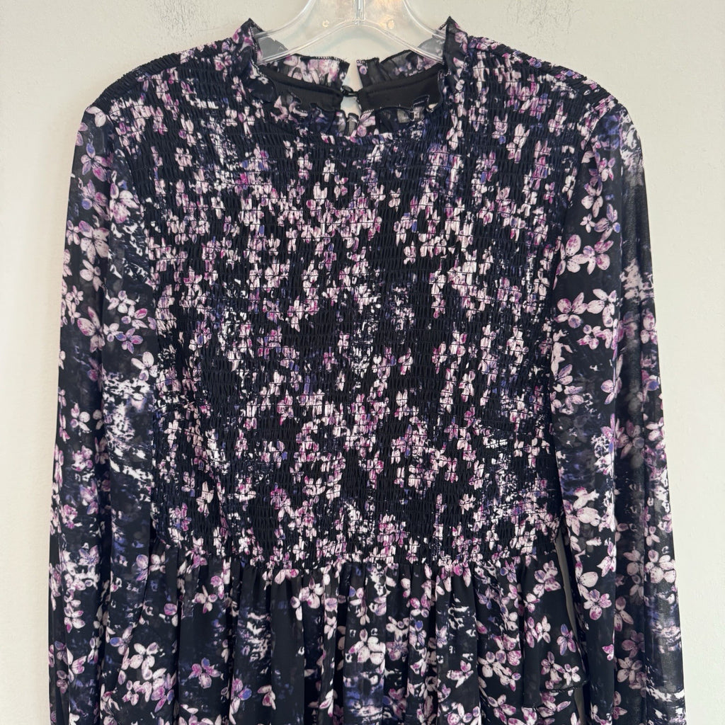 EST. 1946 Women’s Floral Smocked Ruffle Dress Black Purple Size S Lined CATOS
