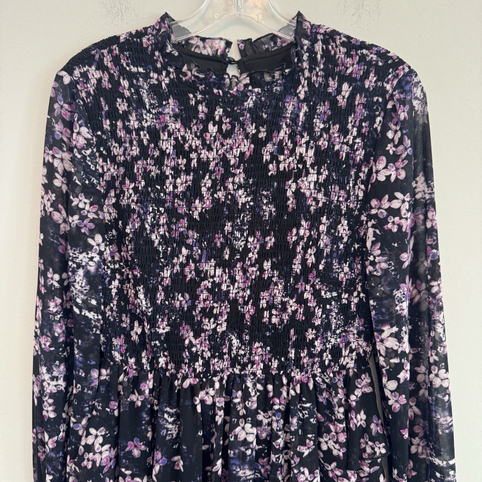 EST. 1946 Women’s Floral Smocked Ruffle Dress Black Purple Size S Lined CATOS