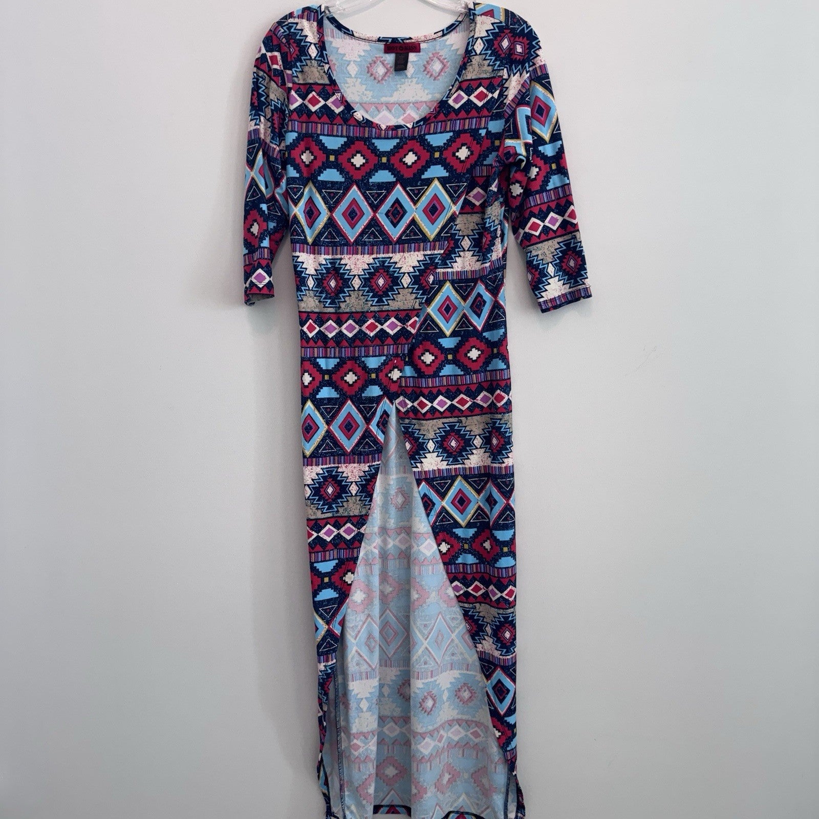 Hot Kiss Maxi Dress Large Boho Aztec Tribal Print Side Slit 3/4 Sleeve