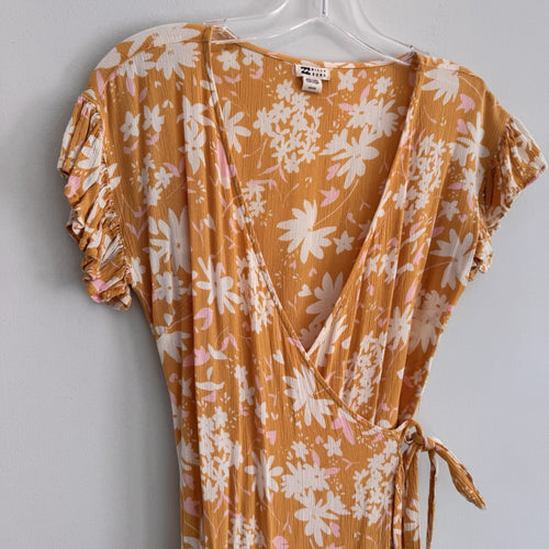 BILLABONG Wrap & Roll Mini Dress Sz S Yellow Floral VNeck Flutter Sleeve Women’s