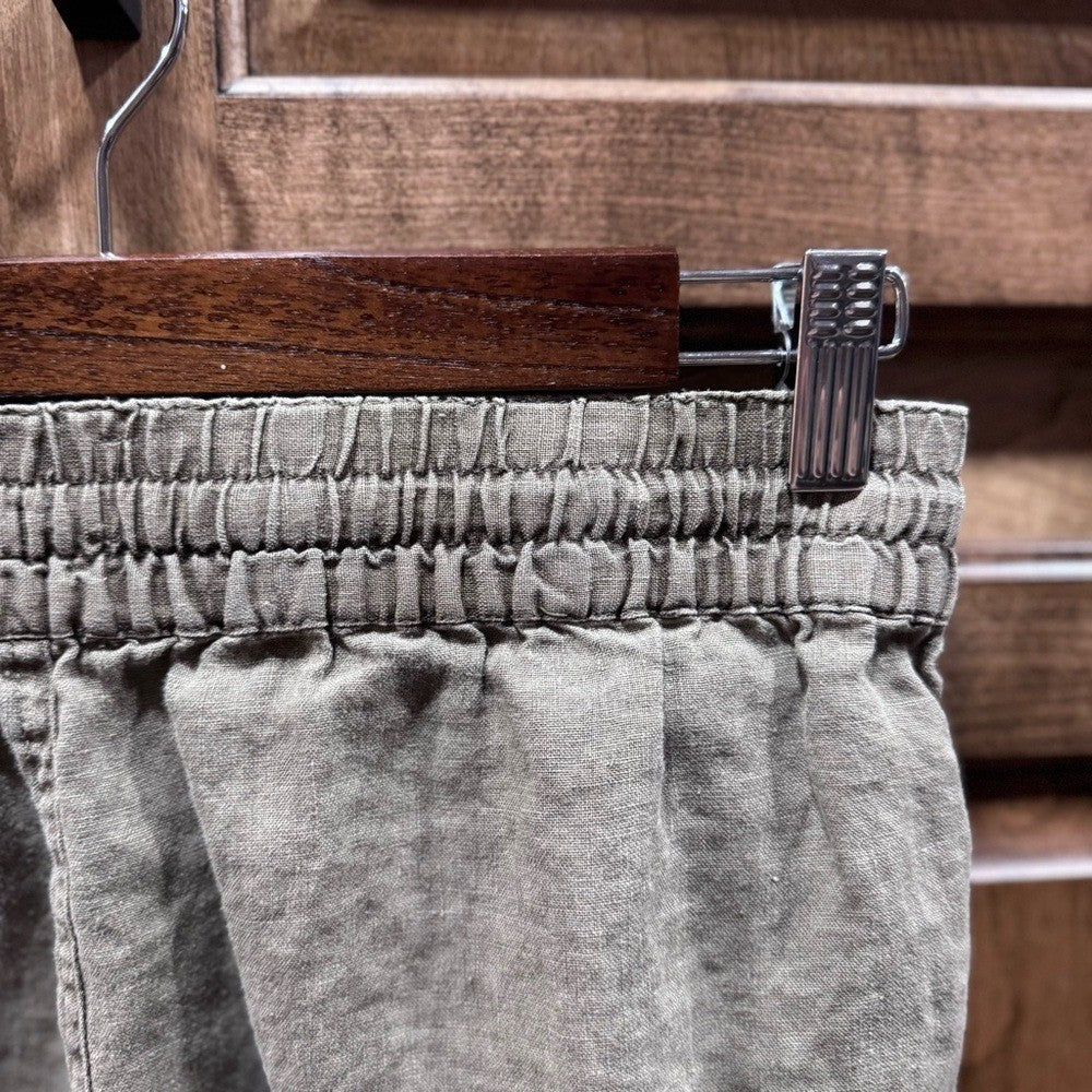 Nicole Miller 100% Linen Womens Pants Elastic Waist Pockets Brown Olive green S