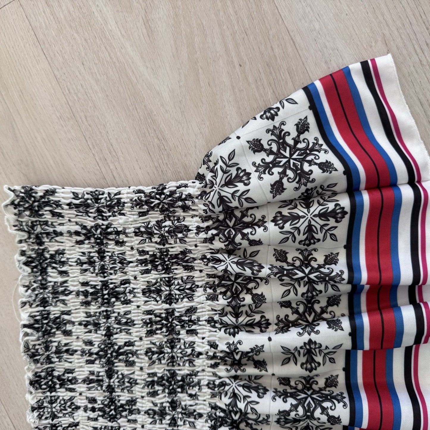 ZARA Smocked Strapless Top Women Small Black White Floral Stripe Hem 