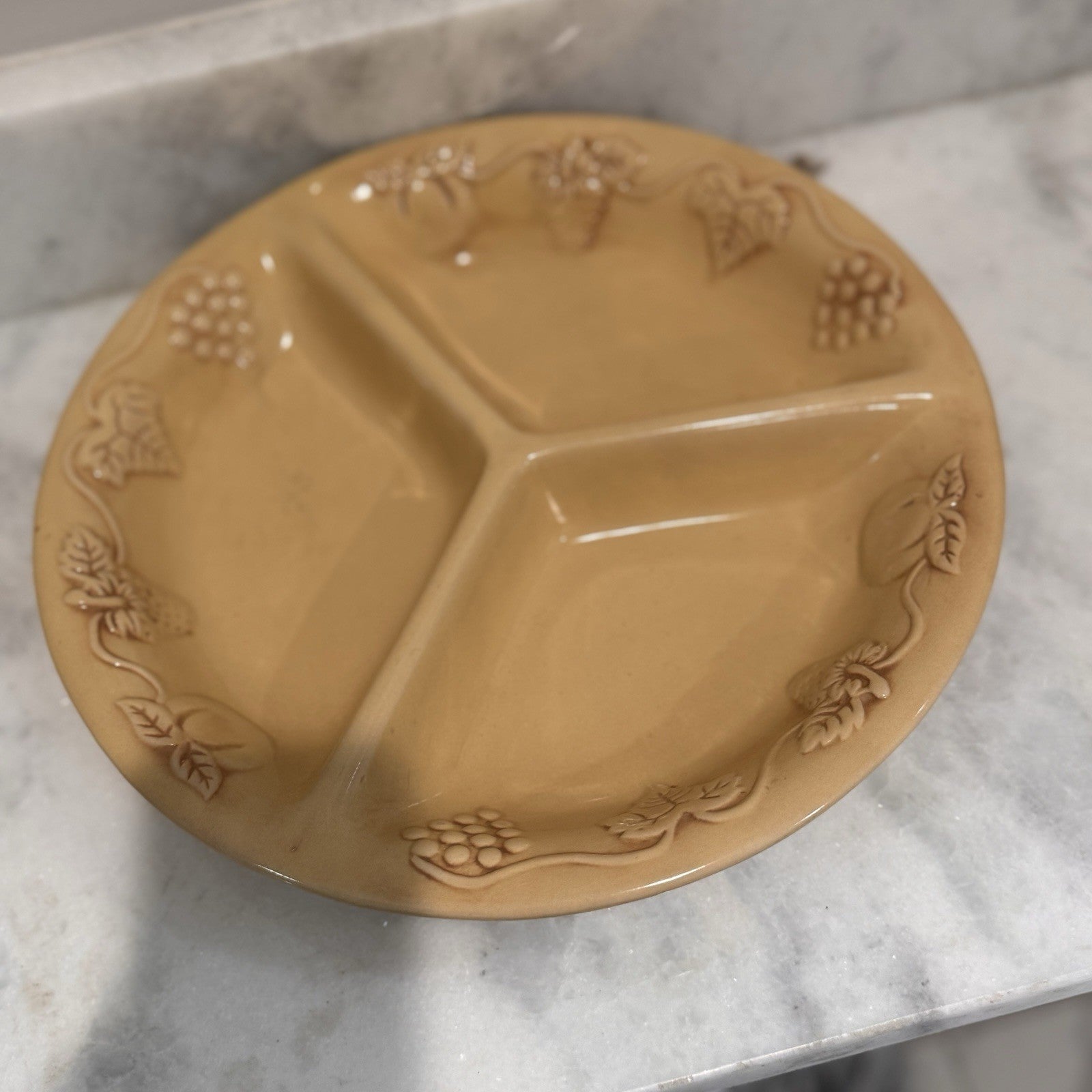 Vintage Ceramic Divided Serving Tray 13" Round 3-Section Appetizer Platter Yello