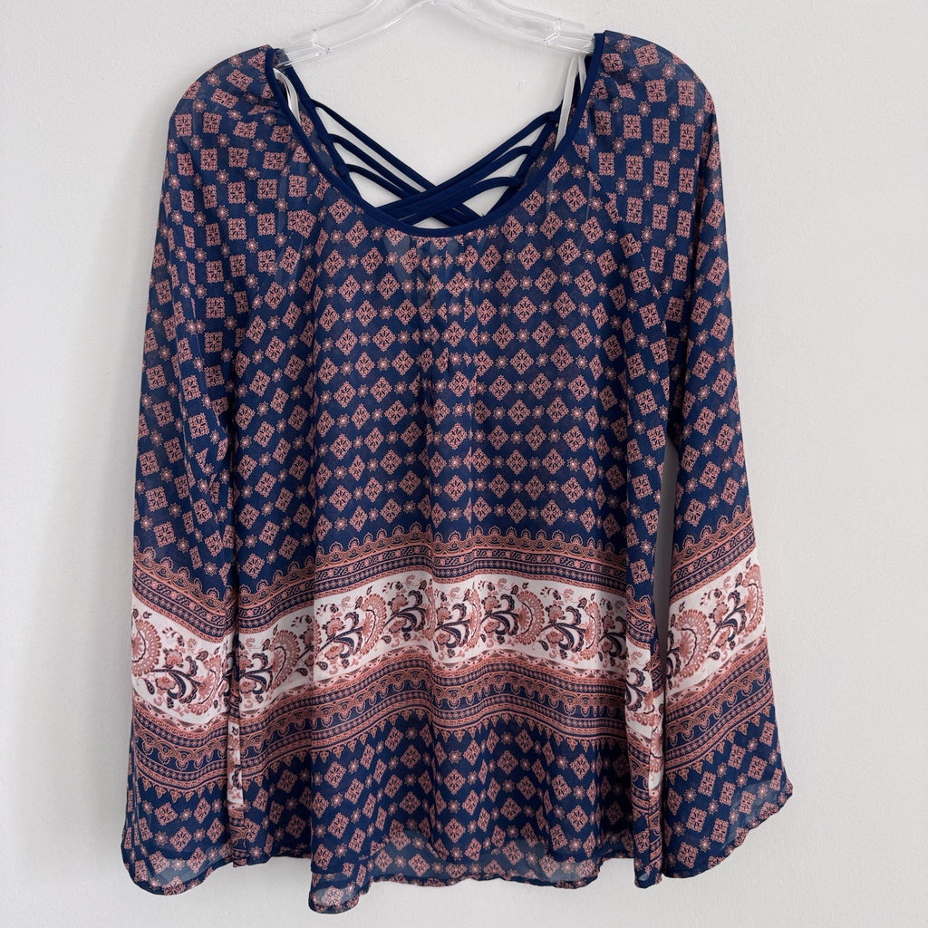 Blu Pepper Boho Blouse S Navy Coral Paisley Sheer Sleeve Top Anthropology