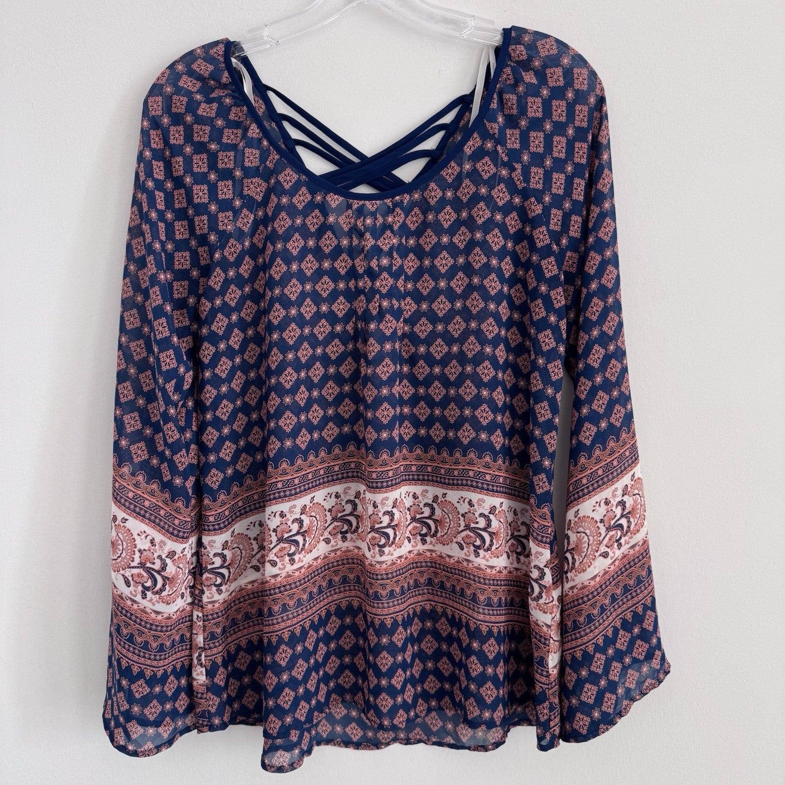 Blu Pepper Boho Blouse S Navy Coral Paisley Sheer Sleeve Top Anthropology