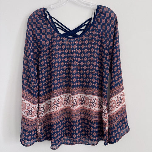 Blu Pepper Boho Blouse S Navy Coral Paisley Sheer Sleeve Top Anthropology